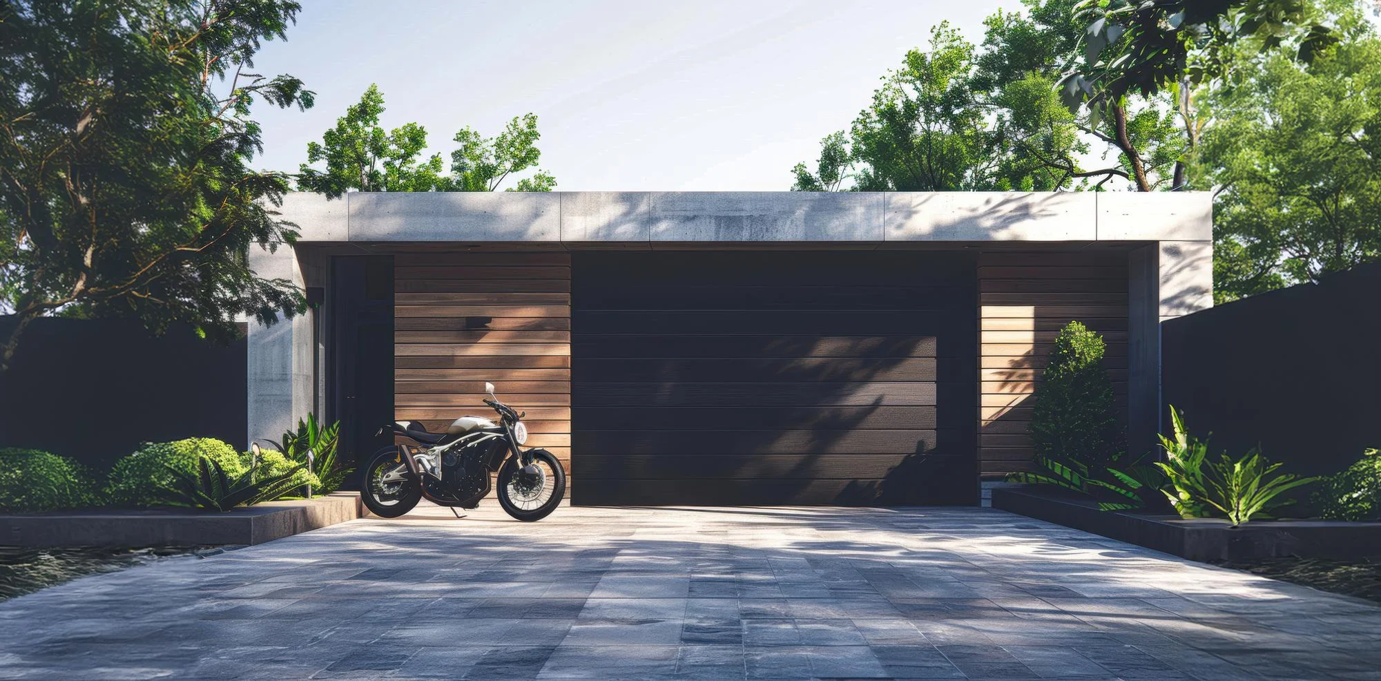 Garage double à portes sectionnelles anthracite et bardage bois, avec une moto stationnée devant, à La Souterraine